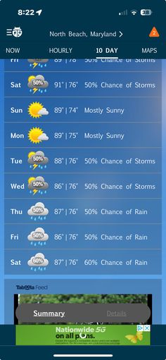 the weather channel on an iphone screen, with different times and locations for each day