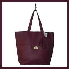 Coach Tote Handbag Dust Bag An Care Instructions Included Can Easily Fit Laptop An Other Personal Items. Genuine Leather Pretty Red/Burgundy Color, Magnetic Top Closure Exterior Has Front Slip Pocket With Gold Tone Closure Interior Has 2 Slip Pockets An A Zip Closure Coach Hobo Tote Bag For On-the-go, Burgundy Shoulder Bag For Shopping, Coach Burgundy Bag With Top Carry Handle, Coach Hobo Bag With Leather Handles, Coach Double Handle Hobo Bag For Shopping, Coach Burgundy Shoulder Bag For Everyday Use, Coach Leather Tote Hobo Bag, Coach Burgundy Satchel For Travel, Burgundy Satchel Shopping Bag