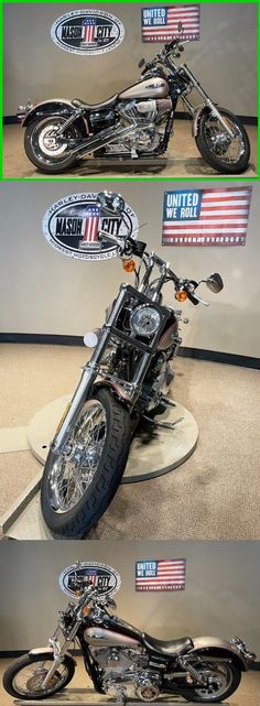 three different views of a motorcycle on display