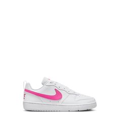 They'll run, jump and play with confidence and comfort in these girls' Nike Court Borough white laser fuchsia athletic shoes. Crafted with durable upper and outsole for exhibiting a classy look, these casual/lifestyle sneakers feature adjustable lace-up closure to provide a secure fit, redesigned toe box and midfoot to provide a comfortable fit, and durable outsole with flex grooves for a reliable grip. | Nike Girls' Court Borough Sneaker in White/Laser Fuschia Size 7 Medium Nike Court Borough, Girls Shoes Sneakers, Lifestyle Sneakers, Girls Nike, Casual Lifestyle, Nikes Girl, The Youth, How To Look Classy, Shoes Shoes