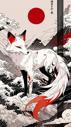 an illustration of a white fox standing on top of a wave covered mountain with red sun in the background