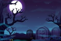 a graveyard with tombstones and trees at night