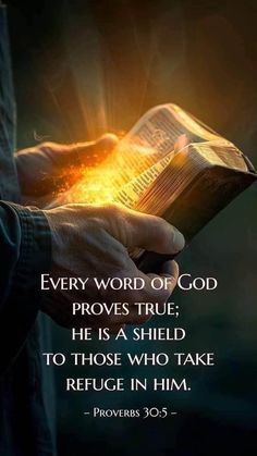 a person holding an open book with the words, every word of god proves true he is