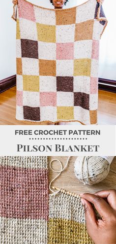 the free crochet blanket pattern is shown in three different colors, including pink, yellow and brown