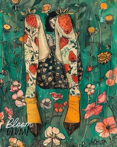 a painting of a woman with flowers on her body and legs, in front of a green background