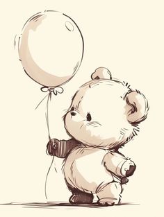 a drawing of a teddy bear with a balloon attached to it's back, sitting on the ground