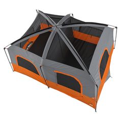 an orange and gray tent with the door open