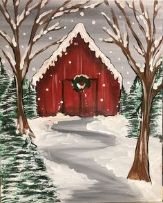 a painting of a red barn in winter with snow on the ground and trees around it