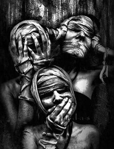 black and white photograph of two people covering their faces