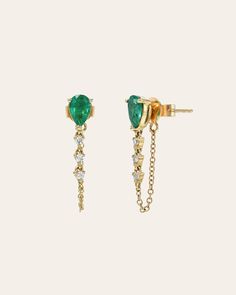 Emerald Pear & Diamond Drop Chain Stud Earring - Zoe Lev Jewelry Emerald Earrings Drop, Pear Earrings, Diamond Chain, Diamond Carat, Emerald Earrings, Hanging Earrings, Pear Diamond, Diamond Drops, Contemporary Jewelry