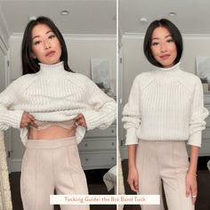 How to tuck a chunky knit sweater How To Tuck Long Sweater, Tucking Sweater Into Skirt, Tuck A Sweater, Sweater Hacks, Turtleneck Sweater Outfit, Ny Outfits