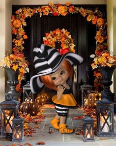 a halloween scene with a girl dressed in a witch costume and pumpkins on the ground