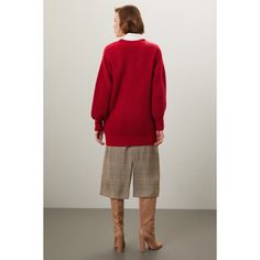 Red knit (33% wool, 30% nylon, 20% acrylic, 17% mohair). Sweater. Long sleeves. V-neck. Pull on. 27" from shoulder to hemline. Imported. Classic Red V-neck Sweater For Fall, Red V-neck Cardigan For Work, Red Fine Knit Wool Sweater, Red Wool Sweater For Workwear, Red Wool Sweater For Work, Red Knit V-neck Cardigan, Red V-neck Knit Cardigan, Classic Red V-neck Sweater For Winter, Red Sweater For Workwear In Fall