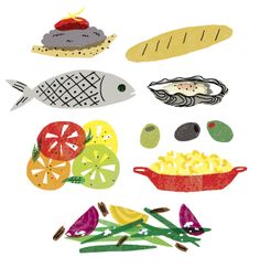 an illustration of fish, vegetables and other food items on a white background with text