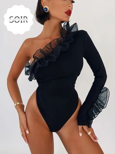 Black Slanted Collar Mesh Ruffle One-Shoulder Bodysuit - Soirées Boutique Elegant Rompers, Slim Bodysuit, Bodycon Bodysuit, Bodysuit Tops, Romper Outfit, Jumpsuit With Sleeves, One Piece Bodysuit, Overalls Women, Fall Collection