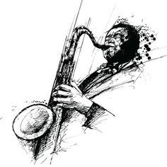 a black and white drawing of a man playing the saxophone