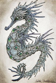 a drawing of a seahorse with green eyes