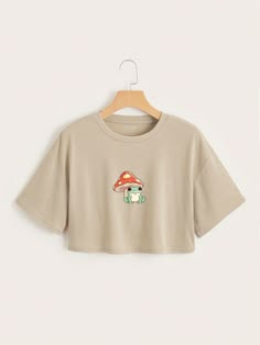 Cartoon & Mushroom Print Drop Shoulder Crop Tee Graphic Tees Women Tops Khaki Casual  Short Sleeve Fabric Cartoon  Medium Stretch  Women Clothing, size features are:Bust: ,Length: ,Sleeve Length: Adrette Outfits, Cartoon Mushroom, Wardrobe Refresh, Mushroom Print, Cute Dress Outfits, Cute Preppy Outfits, Easy Trendy Outfits, Cute Crop Tops, Tween Outfits