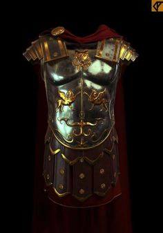 an armor with gold and red accents on the chest, in front of a black background