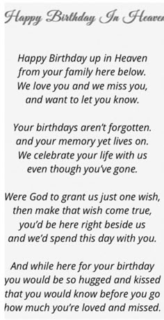 a birthday card with the words happy birthday to heaven written in black ink on white paper