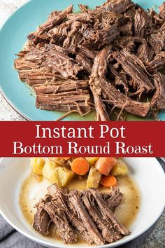 instant pot roast with potatoes and carrots on a blue plate next to the recipe