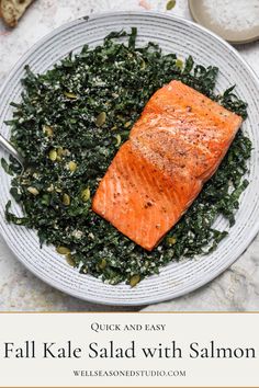 Fall Kale Salad with Pan Seared Salmon. Fall Kale Salad, Salad With Salmon, How To Cook Kale, Greek Lemon Chicken, Scrumptious Food, Foodie Art, Pan Seared Salmon, Lunch Recipe, Seared Salmon