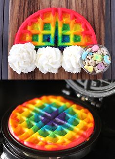 there are two pictures one has a cake and the other is a waffle maker