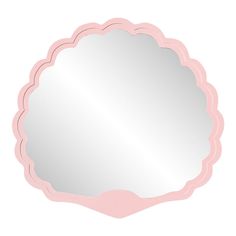 a round mirror with pink scalloped edges on a white background and a light pink border around the edge