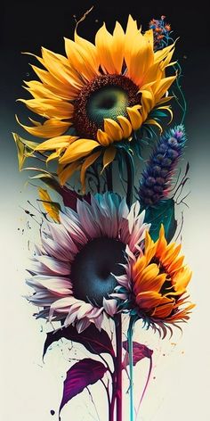 three sunflowers are shown in this artistic painting