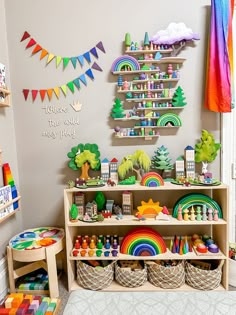 a child's playroom with toys and decorations on the wall, including bookshelves