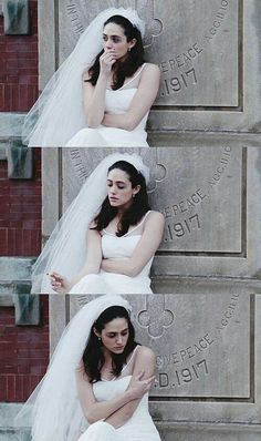 two pictures of a woman in white dress sitting on a wall with her hands under her chin