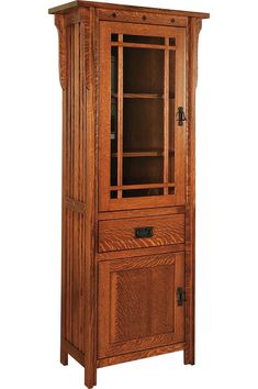 a wooden cabinet with glass doors on the front and bottom shelves, in an oak finish