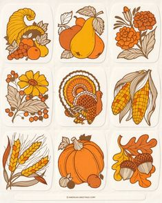 an assortment of thanksgiving stickers with pumpkins, corn, and other autumn items