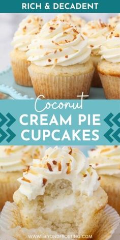 coconut cream pie cupcakes with white frosting on top