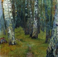 a painting of trees in the woods with green grass and dirt path leading to them