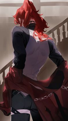 a woman with red hair is standing on the stairs