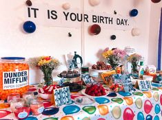 there is a birthday party with balloons and decorations on the table, it is your birth day