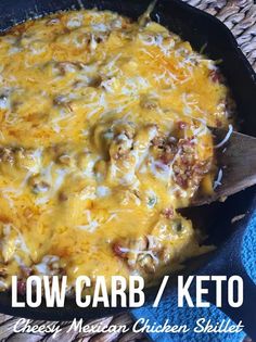 a close up of a skillet with food in it on a table and the words low carb / keto written below