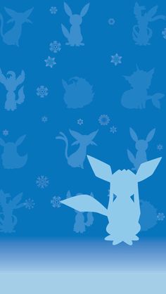 a blue background with white silhouettes of pokemon and snowflakes in the foreground