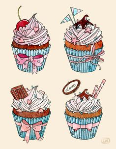 hand drawn cupcakes with different toppings and decorations on them, isolated from white background