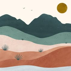 a desert landscape with mountains and birds flying in the sky