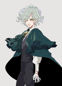 an anime character with white hair and green eyes wearing a black cape, standing in front of