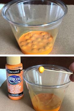 two pictures showing how to make an orange drink