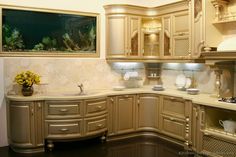 a fish tank in the corner of a kitchen with cabinets and counter tops on either side