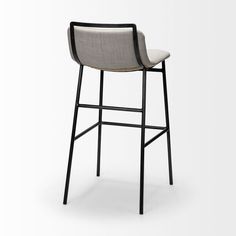 an upholstered bar stool with black frame and fabric seat, on a white background