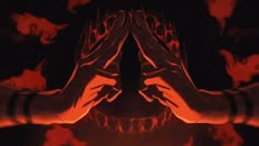 two hands covering their faces in front of a red and black background with orange flames