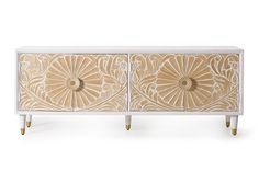 a white and gold sideboard with two drawers