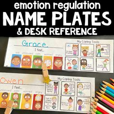 the emotion regulation name plates and desk reference is shown with colored pencils next to it