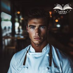 a man with an apron on is looking at the camera and has his eyes open