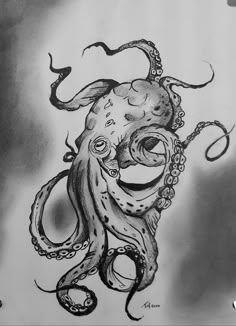 an ink drawing of an octopus with tentacles on it's back and eyes open